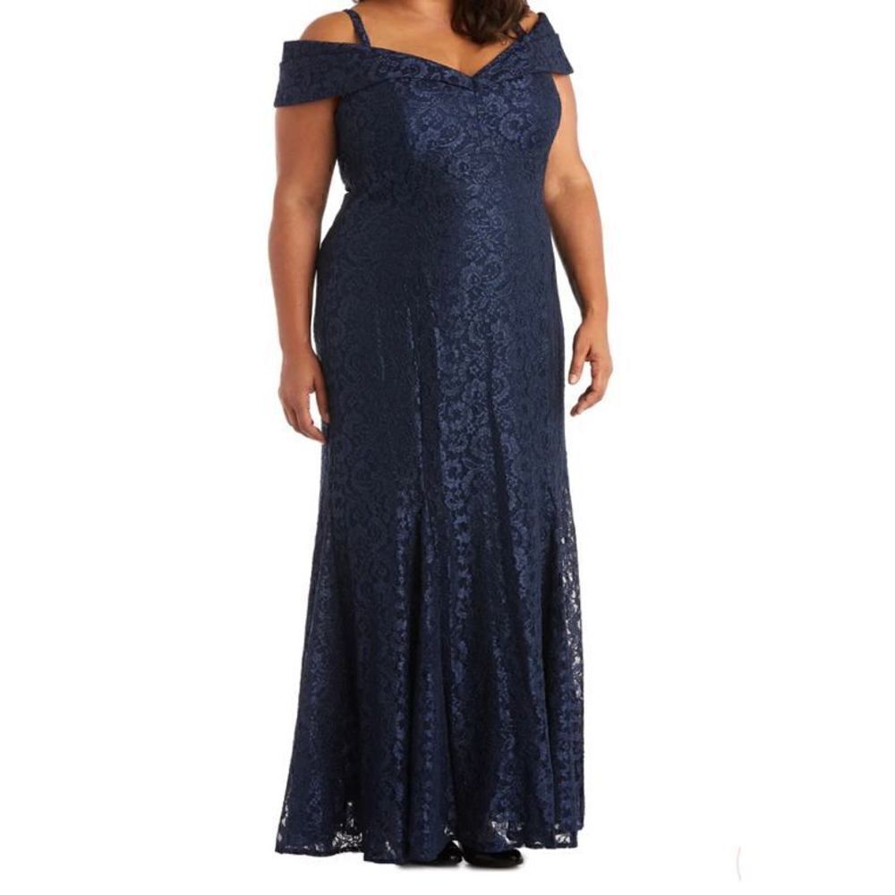 R&M Richards Navy Off the Shoulder Fishtail Evening Gown with Full Body Shimmer